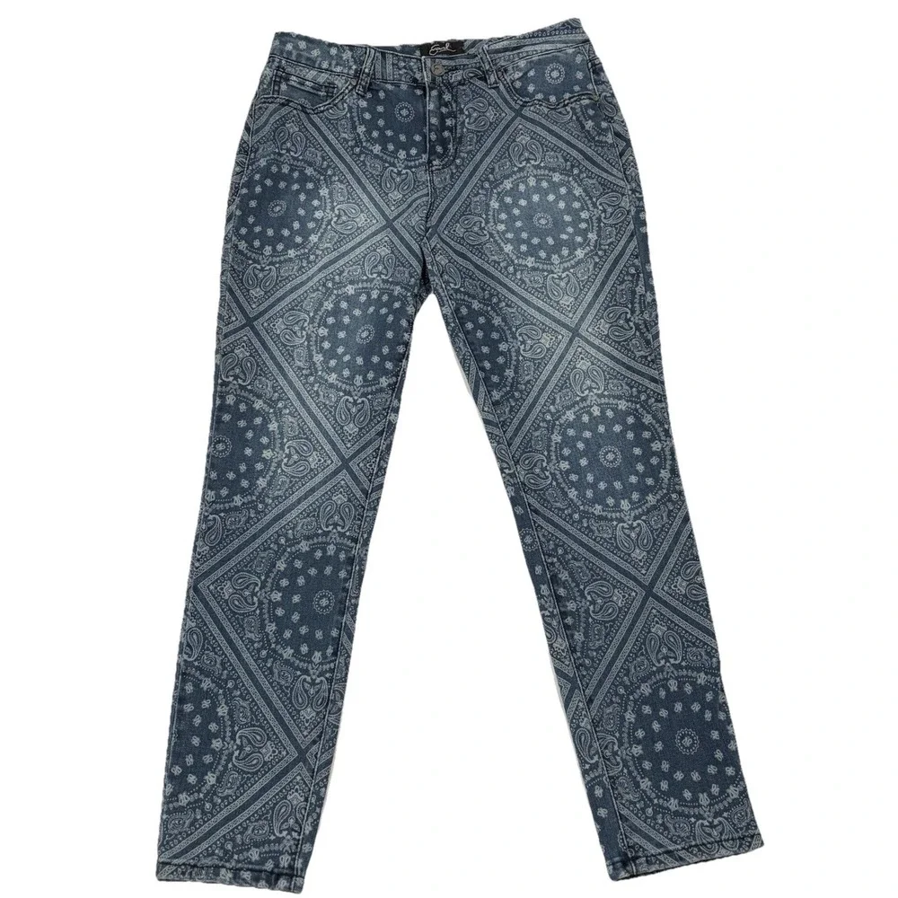 Earl Skinny Ankle Womens Size 10 Blue Jeans Mid Rise Abstract Paisley Sz 31x27